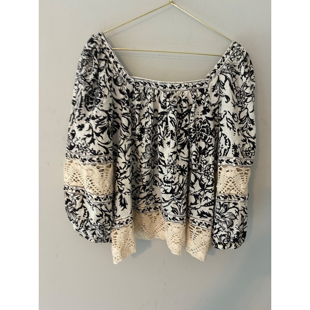 Christian Siriano New York Floral Toile Crochet Lace Peasant Blouse Blck White L - Picture 7 of 8